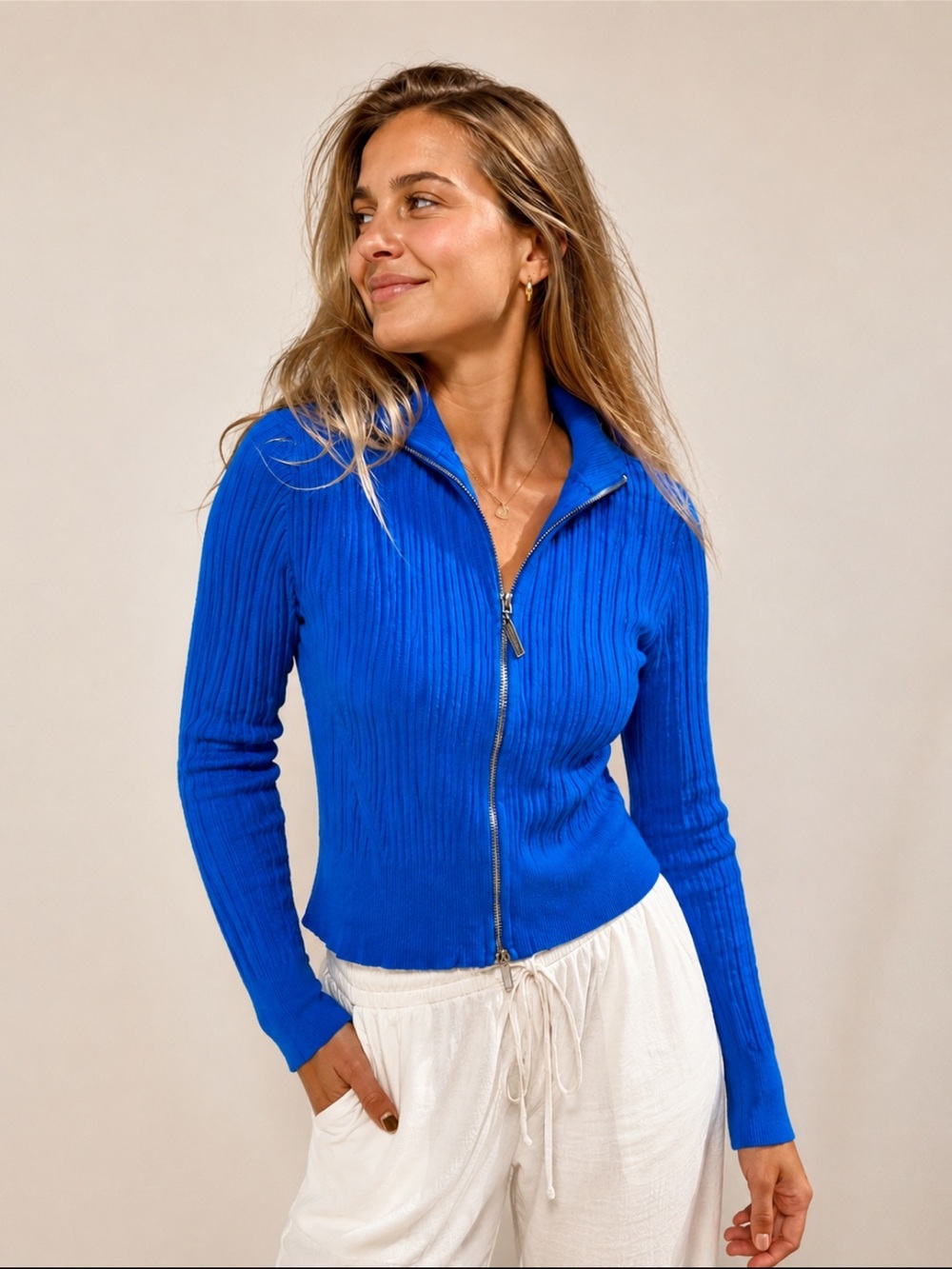Hippie Rose Ribbed Zip Up Cardigan Sweater Size L Blue Coquette Cottage Fairy